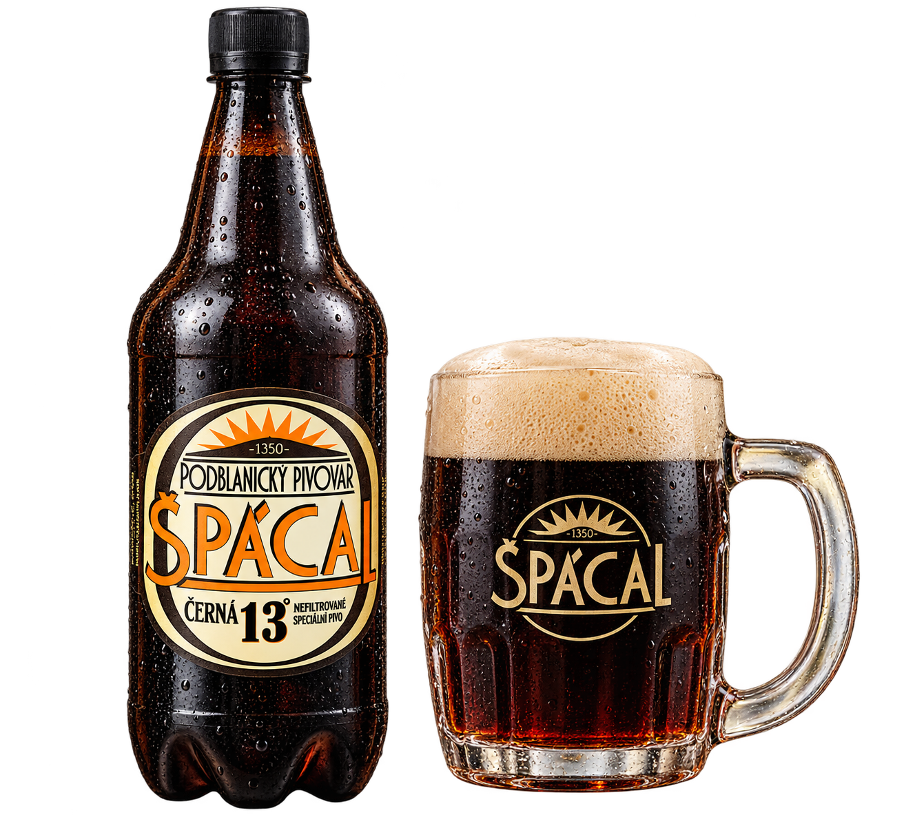 Špácal Černá 13° – lahev a půllitr tmavého piva